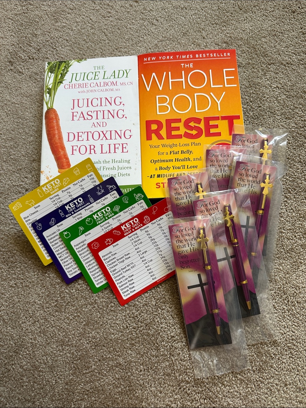 Mixed assorted goodies 6 religious purple pens, keto cheat sheets, 2 Books